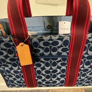 Coach Blue and Red Tote with Bold Straps and Polka Dot Pattern